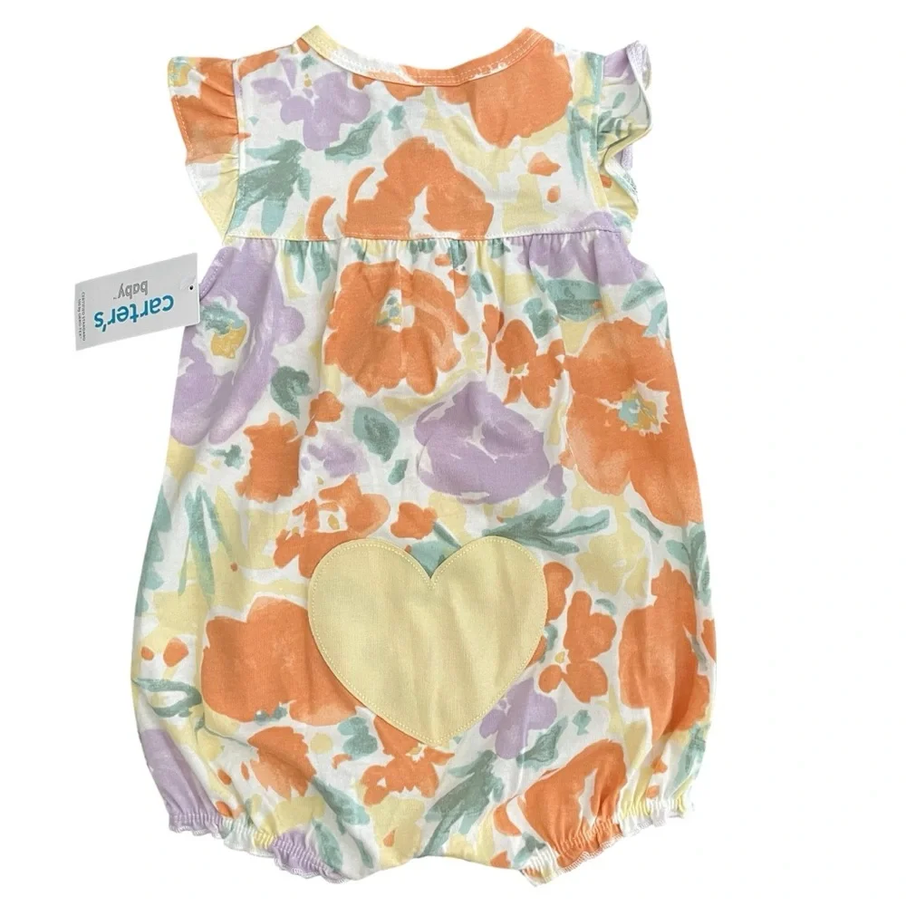Carter's Pastel Floral Baby Romper‎ Girl Size 12m Cotton Snap-Up Cute Girly Chic
